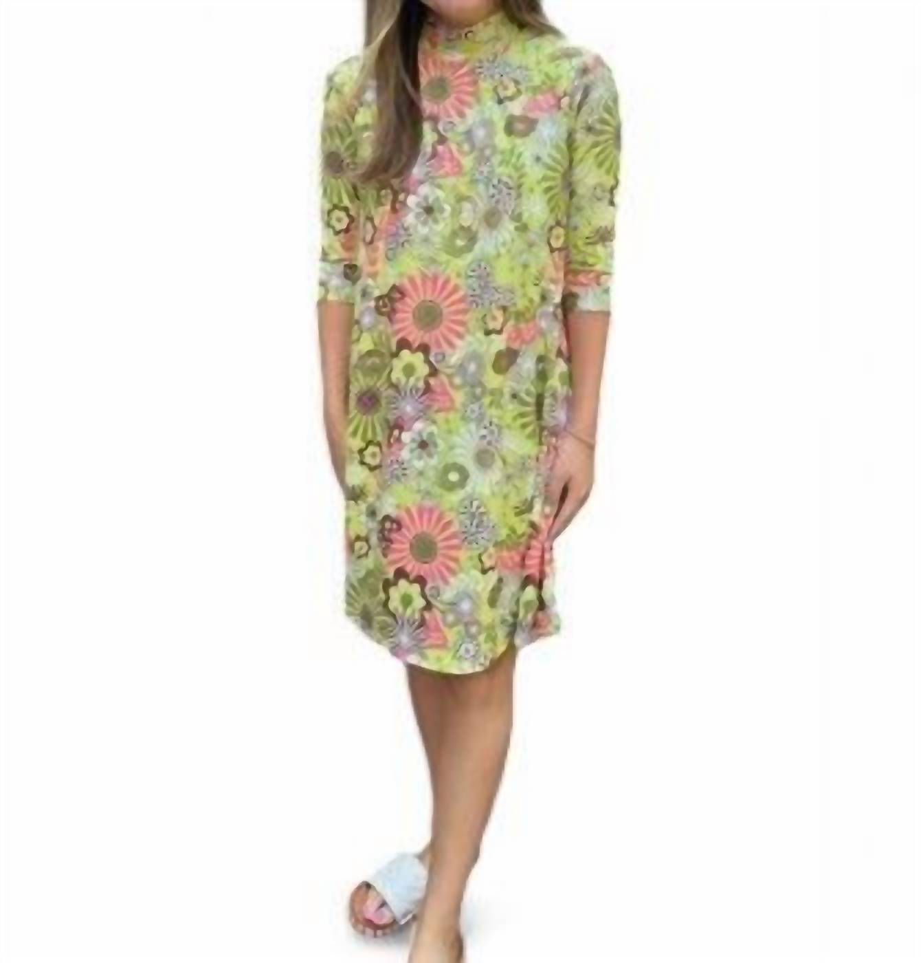 Power Kleid – Stehkragen, Blumenmotiv, mehrfarbig, Grün