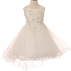 Weißes Blumenmädchenkleid aus Tüll mit Vokuhila-Saum, Strass, Perlen und Drahtdetails, Größen 2–12