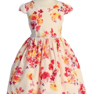 Mädchenkleid mit Blumenmuster, Spitzenbesatz und kurzen angeschnittenen Ärmeln, Größen 2–14