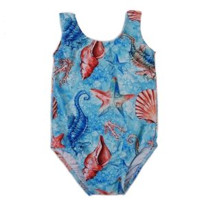 Blauer Mädchen-Lycra-Turnanzug mit Sea Shield-inspiriertem Druck, S (9–24 M)–XL (6–8)