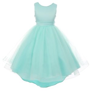 RainKids aquafarbenes Blumenmädchenkleid aus Satin und Tüll mit Perlen und Vokuhila-Saum, Größen 2–6