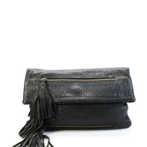 Romy Gold Clutch Handtasche – Leder, Damen, Quaste, Schwarz, Überschlag