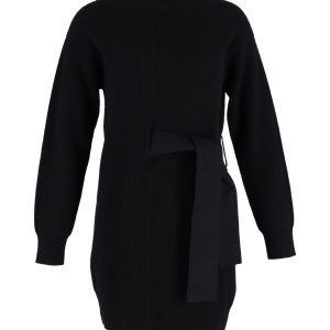 Proenza Schouler geripptes Strickkleid aus Wolle mit seitlichem Bindeband – Schwarz
