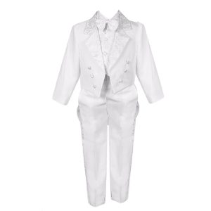 Weißer fünfteiliger Baby-Jungen-Jacquard-Smokinganzug mit Weste, Hose und Frackjacke, 3–24 Monate