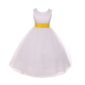 Weiß-gelbes Kleid für junge Brautjungfern mit Satinbindegürtel und Schleife, Größen 8–14