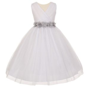 Big Flowers 8-14 Junior-Brautjungfernkleid – Chiffon, Silber, Tüll, Mädchen, Weiß