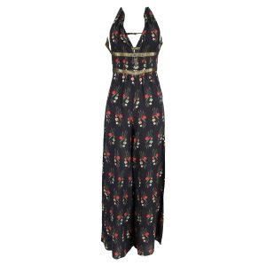 Rixo Jumpsuit mit weitem Bein und Blumenmuster aus schwarzer Seide