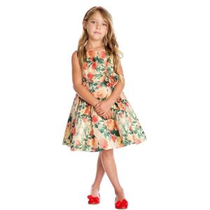 Elegantes Blumenmädchenkleid mit goldfarbenem Gartenblumenmuster – Größen 2–6