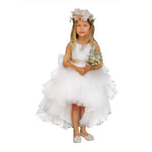 Weißes Junior-Brautjungfernkleid mit mehrstufigem Rüschen-Tutu und Vokuhila-Saum – Größen 8–16