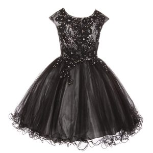 Silber-schwarzes Blumenmädchenkleid aus bestickter Spitze mit Strass, Größen 4–6