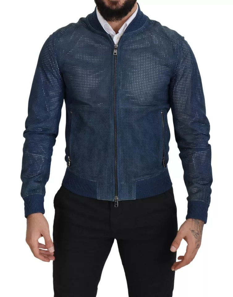 Dolce & Gabbana perforierte Herren-Lederjacke mit durchgehendem Reißverschluss, gebraucht