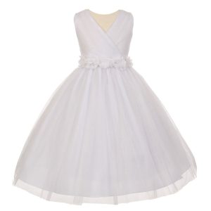 Big Flowers 8-14 Junior-Brautjungfernkleid – Chiffon, Tüll, Mädchen, Weiß, glänzend