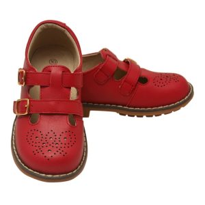 Mädchen-Lederschuhe mit doppeltem T-Riemen, Schnallen und Stitchdown-Verarbeitung – Rot, Größen 5 (Kleinkinder)–2 (Kinder)