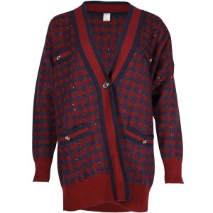 Sandro Paris Margot karierte Oversize-Strickjacke aus Baumwollmischung mit Pailletten – Maroon/Marineblau – 7748651712572