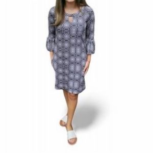 Kleid – Kreismuster, Schlüsselloch-Ausschnitt, Schwarz, Creme
