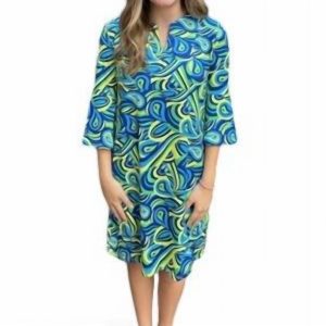 Kleid – Wirbelmuster, Gelb, Grün, Blau