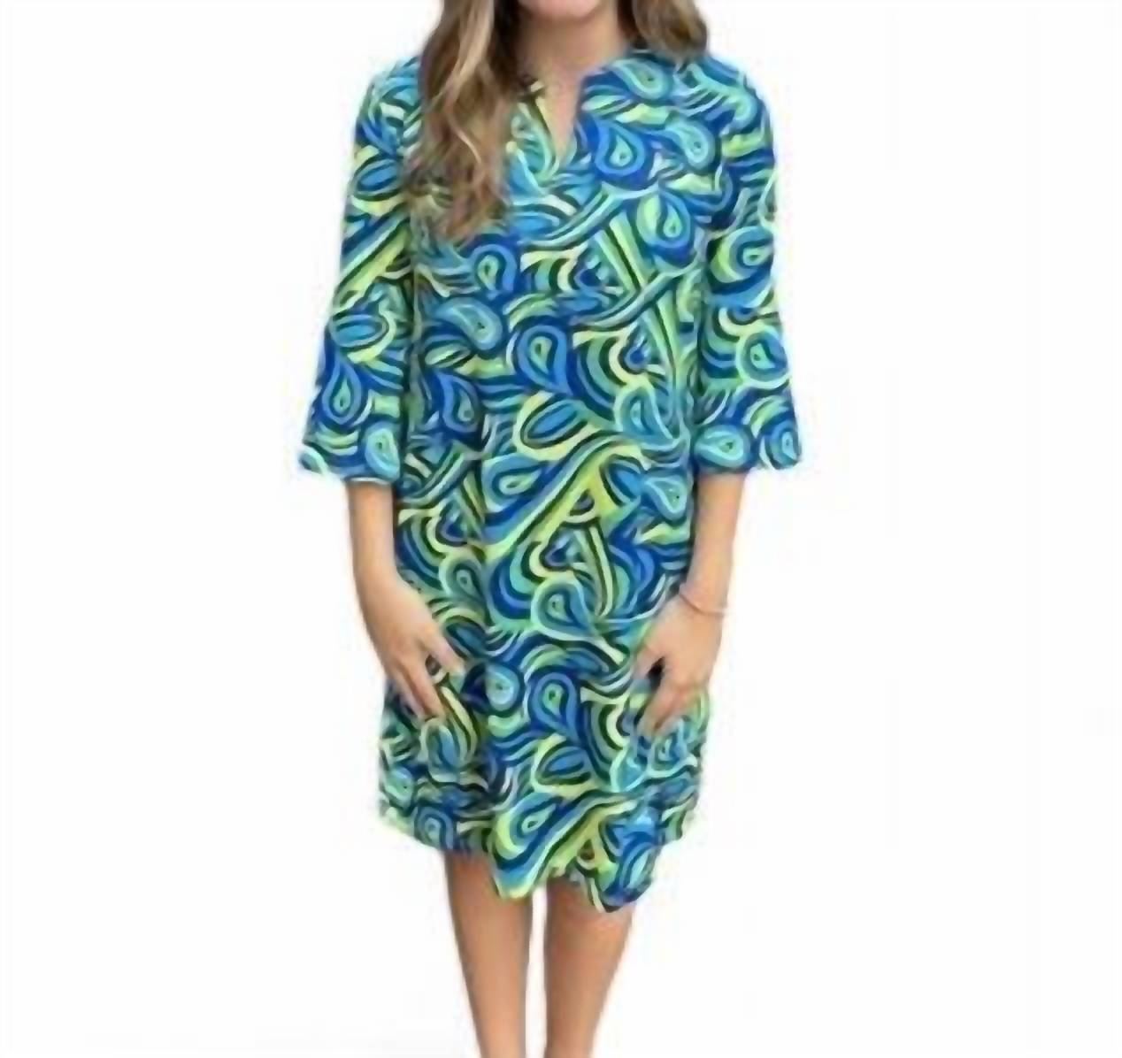 Kleid – Wirbelmuster, Gelb, Grün, Blau