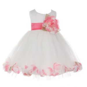 Baby-Blumenmädchenkleid aus Satin und Tüll mit Blütenblattverzierung – Elfenbein/Koralle, 6–24 Monate