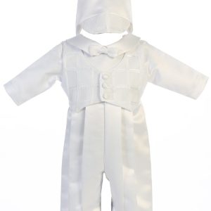 Andrew weißes Baby-Jungen-Taufoutfit mit Strampler, Krawatte und Hut, 0–18 Monate