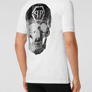 Kurzarm-Poloshirt, schmale Passform, Totenkopfmotiv, mit Kristallen