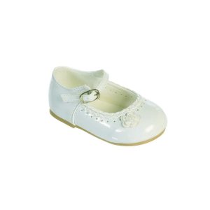 Elfenbeinfarbene festliche Mädchen-Lackleder-Schuhe mit Flechtbesatz und Blume, Kleinkindgrößen 5–8