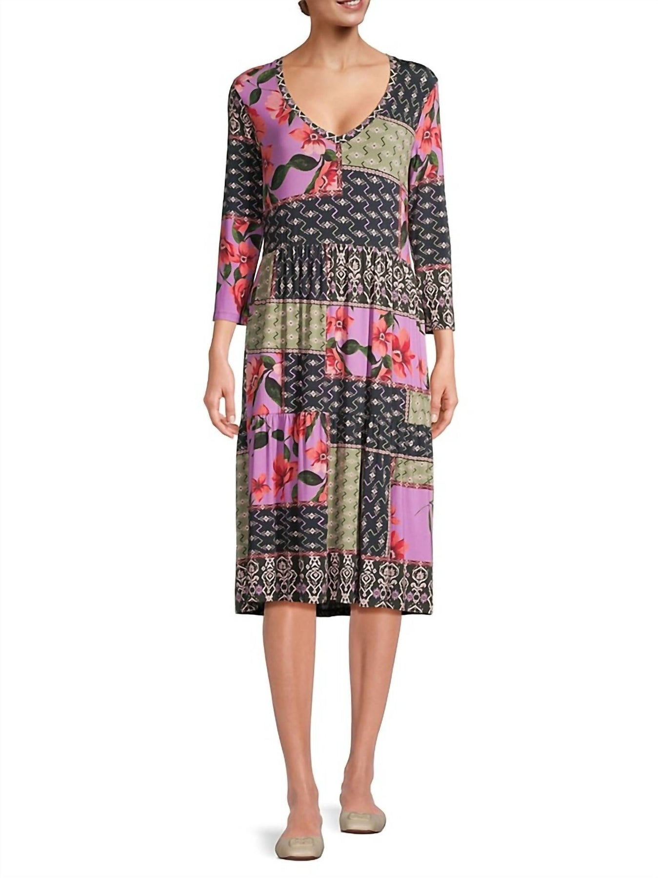 Zanda Kleid – 3/4-Ärmel, Tea-Length, mehrstufig, mehrfarbig
