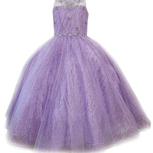 Fliederfarbenes Mädchen-Festkleid mit Schmuckdetail und transparentem Ausschnitt, Größe 16