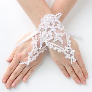 Weiße fingerlose Mädchen-Spitzenhandschuhe mit Perlen für Kommunion und Blumenmädchen