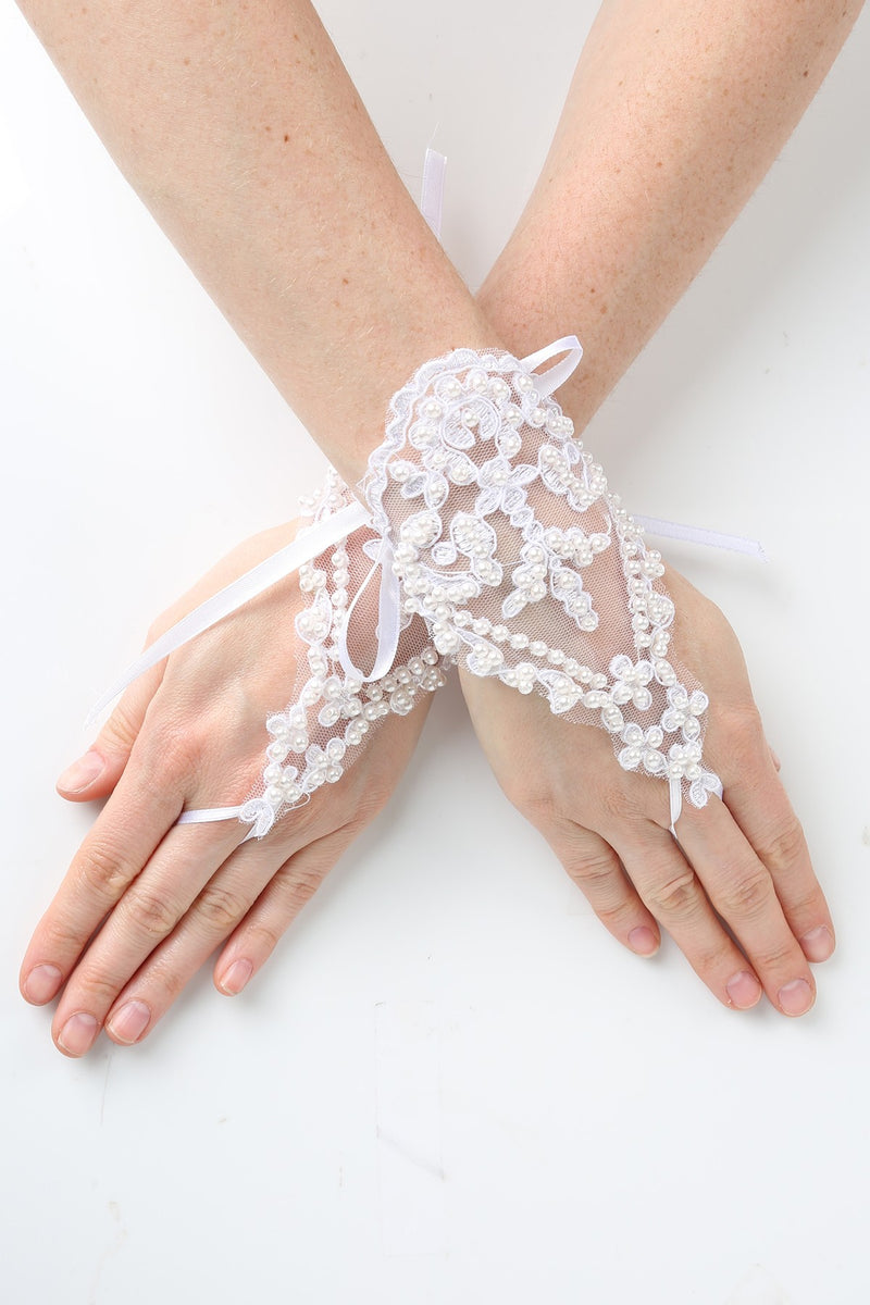 Weiße fingerlose Mädchen-Spitzenhandschuhe mit Perlen für Kommunion und Blumenmädchen
