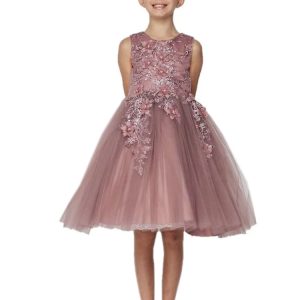 Mauvefarbenes Mädchen-Oster- und Blumenmädchenkleid aus weichem Tüll mit 3-D-Blumenapplikationen, Größen 2–12