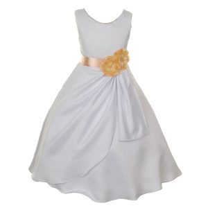 Festliches Mädchenkleid aus mattem Satin mit Paillettenblumen – Weiß/Pfirsich, 2–6