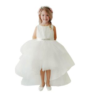 Elfenbeinfarbenes Kleid für junge Brautjungfern mit Spitzenoberteil, perlenbesetztem Bindegürtel und Vokuhila-Saum, Größen 8–12