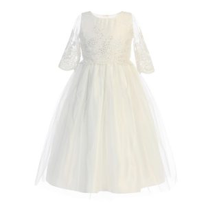 Cremeweißes Blumenmädchenkleid mit Pailletten und Kordeldetail, Größen 2–6