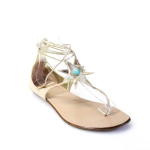 Aquazzura verzierte flache Damen-Sandalen mit T-Riemen – Gold/Beige