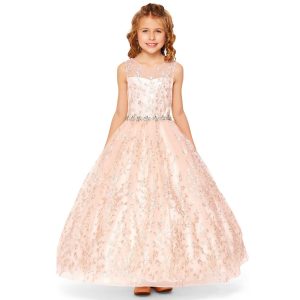 Roségoldfarbenes Mädchen-Ballkleid mit Glitzerstickerei und Strassgürtel, Größe 6