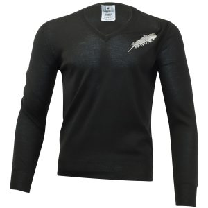 Alexander McQueen Pullover aus schwarzer Wolle mit V-Ausschnitt und Federstickerei – 7748635164732