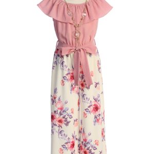 Schulterfreier Mädchen-Jumpsuit mit Rüschen, Taillenband und Halskette, Größen 4–14