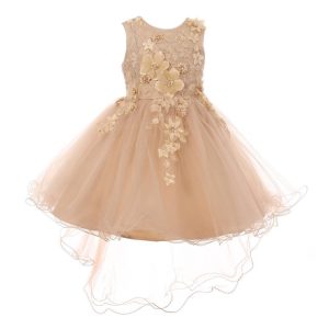 Taupefarbenes Blumenmädchenkleid aus Tüll mit 3-D-Blumenapplikationen und Vokuhila-Saum, Größen 2–6