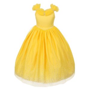 Gelbes Prinzessinnenkleid für Mädchen aus glitzerndem Tüll mit Strass und Tiara, Größen 8–12