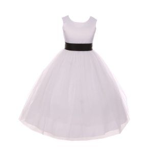 Weiß-schwarzes Blumenmädchenkleid aus Tüll mit Satinbindegürtel und Schleife, Größen 2–6