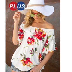 Off Shoulder Oberteil – Blumenmuster, Rüschen, Weiß