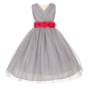 Silber-fuchsiafarbenes Blumenmädchenkleid aus Tüll mit Chiffon-Blumenbindegürtel, Größen 2–6