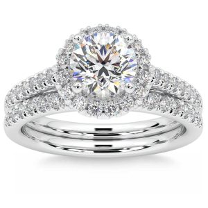 Halo-Set aus Verlobungs- und Ehering mit behandelten Diamanten, 1 1/2 ct, 14 K Weißgold