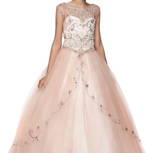 Mädchen-Festkleid mit handgearbeitetem Perlen- und Strassbesatz und U-Boot-Ausschnitt, Größen 2–20
