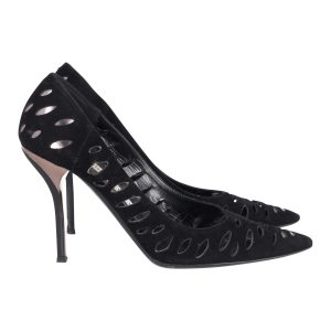 Jimmy Choo Romy Pumps aus schwarzem Veloursleder mit Lasercut-Details
