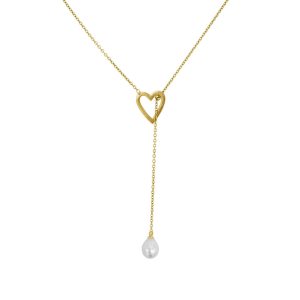 Anlaufbeständige Lariat-Durchziehhalskette mit Herz und Süßwasserperle, mit 14 K Gold vergoldet