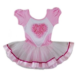Rosa-weißes Mädchen-Ballettkleid mit Perlen, Rosen und Herzmotiv, S (9–24 M)–XL (6–8)