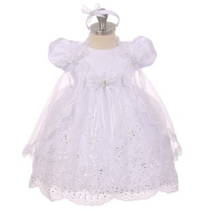 Rainkids Baby-Mädchen-Taufkleid mit Pailletten, bestickter Spitze und Cape – Weiß, 0–24 Monate