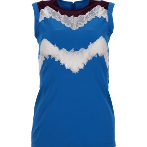 Valentino ärmelloses Oberteil aus blauem Polyamid mit Spitzenbesatz – 7748646142012