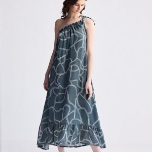 Ein-Schulter-Midikleid mit abstrakten Streifen